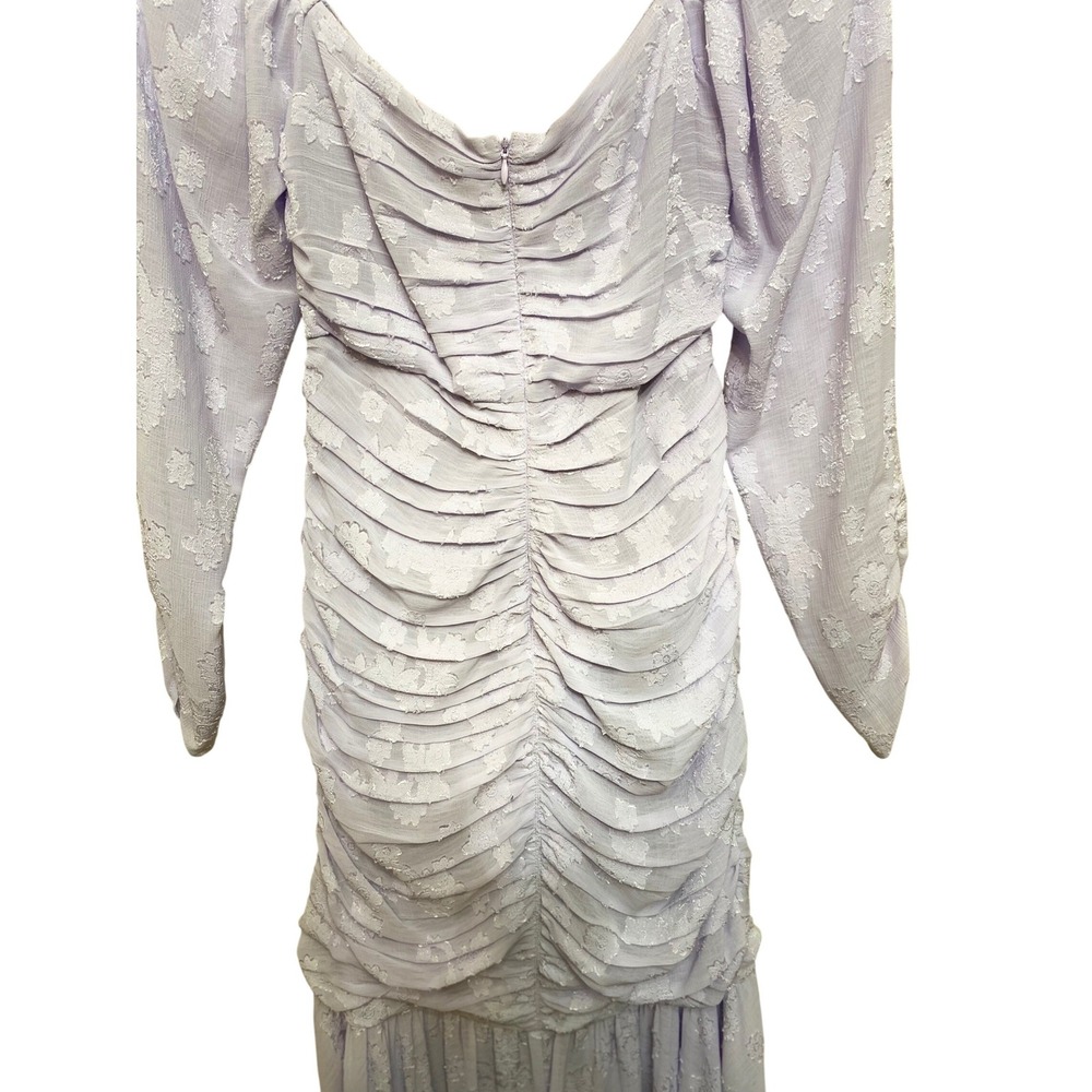 Lavender Floral Jacquard Ruched Midi‎ Dress Long Sleeve Sweetheart Neck Purple S - Picture 5 of 5